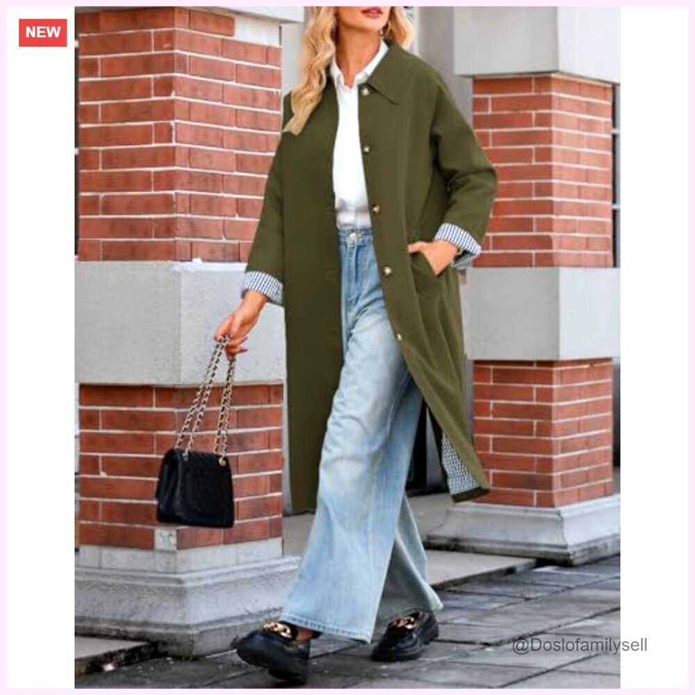 Oversized Trench Coat Classic Button Down Long Jacket Windproof Chic - Picture 2 of 7